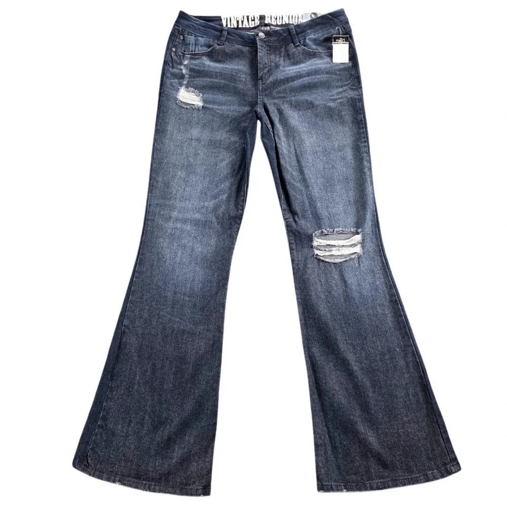 Rewash Vintage Reunion Distressed Flare Jeans Dark Wash Blue Womens 13/31 Curvy